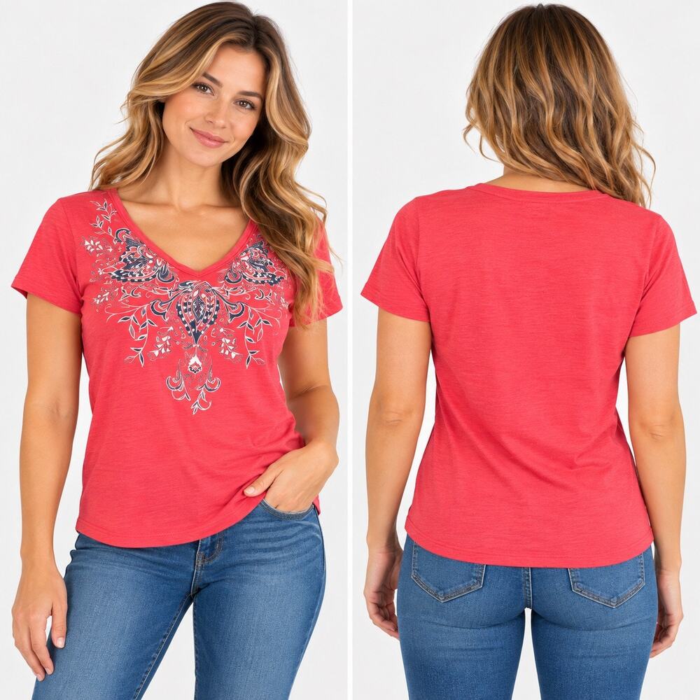 Eddie Bauer Womens Floral Print V Neck T Shirt Soft Red Short Sleeve Medium